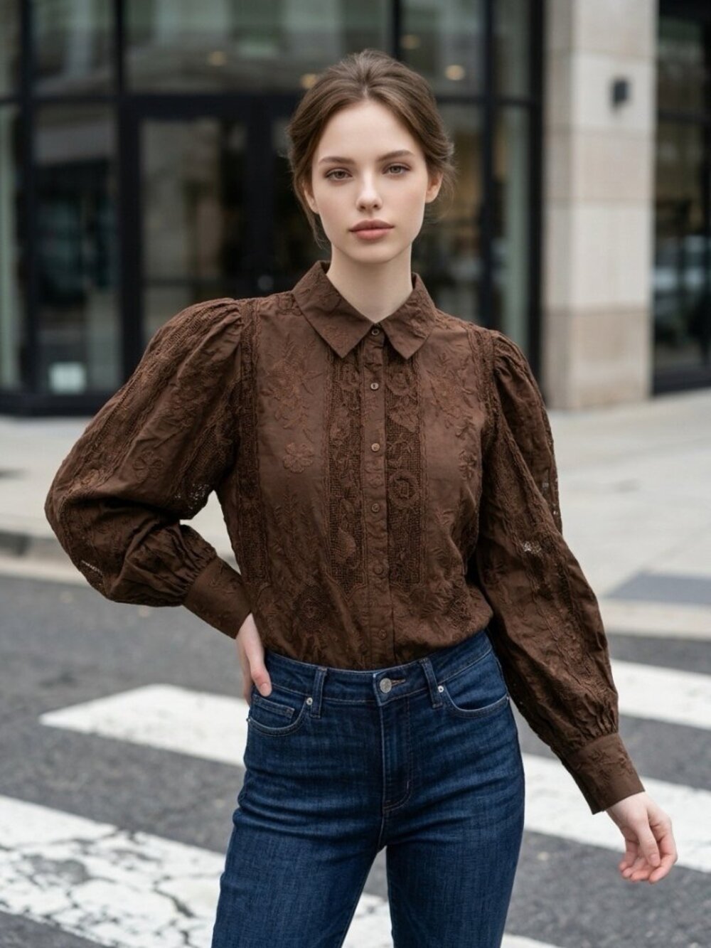 NWT Caroline Constas Brown Embroidered Lace Button Down Blouse M